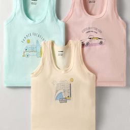 CUCUMBER Sinker Knit Sleeveless Vests With Vehicle Print Pack Of 3 - Pink Light Blue & Tan-picture-15