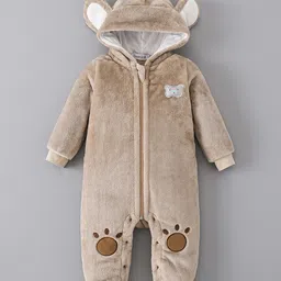 Mark & Mia Full Sleeves Front Open Hooded Winter Wear Romper with Bear Applique - Khaki-picture-15