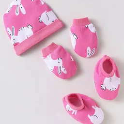 Kookie Kids Interlock Knit Cap Mittens & Booties With Bunny Print - Pink-image-43