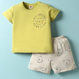 Zero Sinker Knit Half Sleeves Short Night Suit With Text Print - Lime & Cream-picture-34