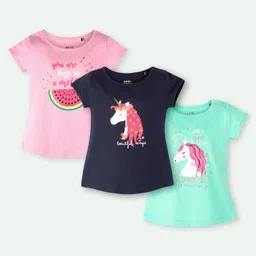 Ariel Cotton Knit Pack Of 3 Half Sleeves Unicorn & Typography Printed Tops - Pink Navy Blue & Green-picture-22