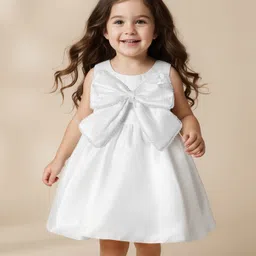 Babyhug Woven Sleeveless Solid Party Dress With Pearl Bow Appllique - White-image-63