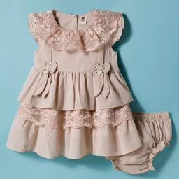 ToffyHouse Cotton Knit Frill Sleeves Frock With Bow Applique & Bloomer - Tan-picture-10