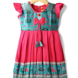 Bhartiya Paridhan Silk Woven Cap Sleeves Pleated Ethnic Dress with Bow Applique - Dark Pink-image-62