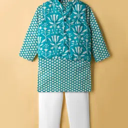 teentaare Teentare Cotton Woven Kurta Pajama & Jacket Set With Floral & Polka Dot Print - Turquoise & White image 1