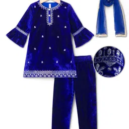 Babyhug Velvet Three Fourth Sleeves Embroidered Kurti Salwar Set with Dupatta - Royal Blue-picture-13
