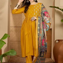 Sangria Women Ethnic Motifs Embroidered Empire Thread Work Kurta with Trousers & With Dupatta image 3