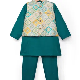 Babyhug Cotton Blend Full Sleeves Kurta Pajama Set with Jacket & Motif Embroidery - Teal Blue image 2