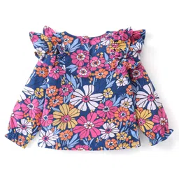 Babyhug Single Jersey Knit Full Sleeves Top & Leggings Set with Floral Print & Frill Detailing - Navy Blue image 3