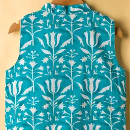 teentaare Teentare Cotton Woven Kurta Pajama & Jacket Set With Floral & Polka Dot Print - Turquoise & White image 3