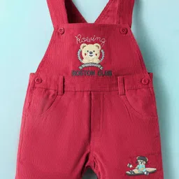 ToffyHouse 100% Cotton Knit Dungaree & Half Sleeves Inner T-Shirt with Bear Print & Embroidery - Red & White image 4