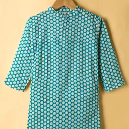 teentaare Teentare Cotton Woven Kurta Pajama & Jacket Set With Floral & Polka Dot Print - Turquoise & White image 4
