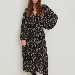 R.Code by The Roadster Life Co. Women Floral Printed Puff Sleeve Tiered Wrap Midi Dress-picture-25