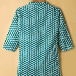 teentaare Teentare Cotton Woven Kurta Pajama & Jacket Set With Floral & Polka Dot Print - Turquoise & White image 5