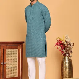 Anouk Teal Blue Geometric Embroidered Sequinned Mandarin Collar Kurta with Trousers image 5