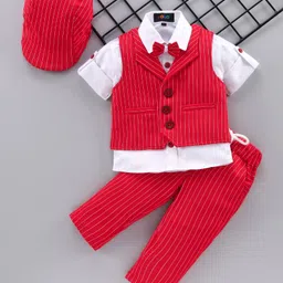 Robo Fry 3 Piece Full Sleeves Check Party Suit With Bow & Cap - Red-picture-26