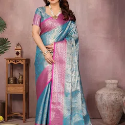 yourwish Ethnic Motifs Woven Design Zari Kanjeevaram Saree with Blouse Piece image 3
