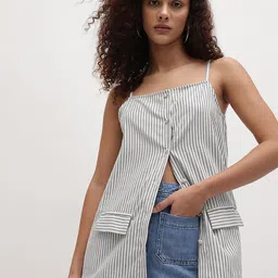 The Roadster Life Co. Vertically Striped Shoulder Straps Pure Cotton Button-Down Top-image-87