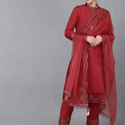 KALINI Women Floral Embroidered Regular Sequinned Kurta with Trousers & With Dupatta image 1