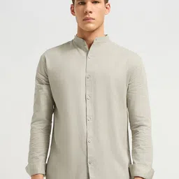 MISCHIEF MONKEY Men Classic Fit Solid Band Collar Linen Casual Shirt-image-18