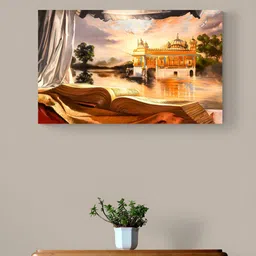 Tushaco Handicrafts Green & Off White Golden Temple Printed Religious Canvas Wall Art image 4