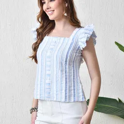 YANAMORA Women Square Neck Striped Flutter Sleeve Ruffles Cotton A-Line Top image 5