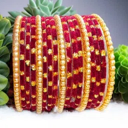 Only Offers Set Of 10 Maroon Glass Artificial Stones & Beads Bangle image 2