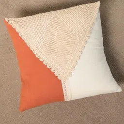 Peepul Tree SS-2025 Rust & Off White Colourblocked Crochet Square Cotton Cushion Cover image 2