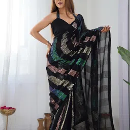 ODETTE Women Black Georgette Sequinned Embellished Saree With Unstitched Blouse-image-50