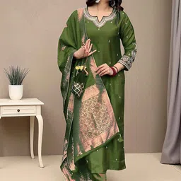 SAINOOR Women Ethnic Motifs Embroidered Cotton Kurta with Trousers & Dupatta-picture-7