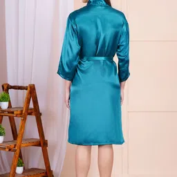 POORAK Blue Satin Tie-Ups Knee Length Bath Robe image 3