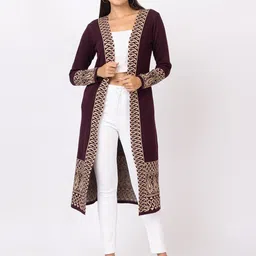 Anouk Mauve Ethnic Printed Longline Winter Open Front Shrug image 1