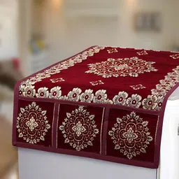 Dakshya Industries 5Pcs Red & Maroon Floral Printed Fridge Mats & Top Cover image 3