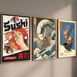 Kotart White & Blue 3 Pieces Japanese Art Wooden Rectangle Wall Arts-image-43