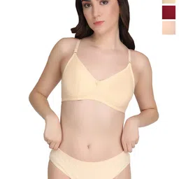 Liigne Pack Of 3 Solid Lightly Padded Non-Wired Pure Cotton Everyday Bra Lingerie Set-image-0