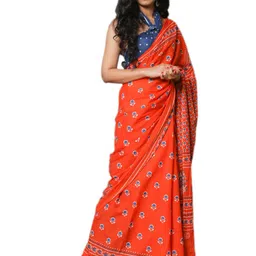 JALTHER Orange & White Ethnic Motifs Pure Cotton Block Print Saree-image-75