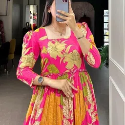 shandhya Floral Print Cotton Linen Stitched Anarkali Gown image 3