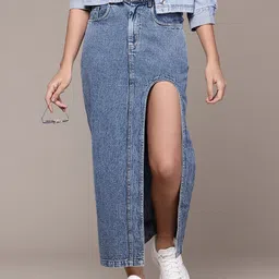 Roadster Pure Cotton Straight Denim Maxi Skirt with Cut-Out Detail-picture-41