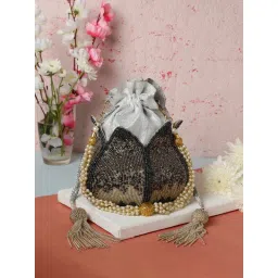SWISNI Gray And Silver Lotus Potli For Bride (S) image 1