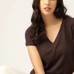 DressBerry Women Coffee Brown Slub Effect V-Neck Pure Cotton T-shirt-image-3
