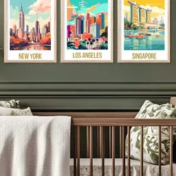 Kotart Brown & Blue 3 Pieces Cities Printed Wooden Wall Arts image 3
