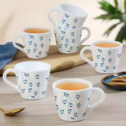 Larah by BOROSIL White & Blue Floral Printed Opalware Matte Mugs Set of Cups and Mugs-image-95