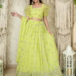 ETHNIC PLUS Embroidered Semi-Stitched Georgette Lehenga With Unstitched Blouse & Dupatta-picture-19