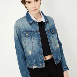 max Women Washed Polyester Denim Jacket with Embroidered image 1