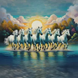 PixelAura White & Yellow Printed Paper Seven Horses Vastu Wall Art-picture-11