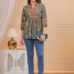 KALINI Floral Print Mandarin Collar Cotton Top image 4