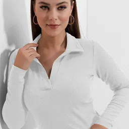 Maheshvi Women Ribbed Shirt Collar Long Sleeves Top image 2