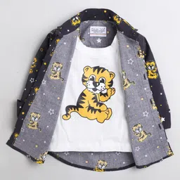Polka Tots Full Sleeves Baby Tiger & Stars Printed Shirt With Attached Tee - Grey-image-31