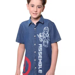 Pine Kids Marvel Denim Half Sleeves Shirt Avengers Print - Blue-image-55