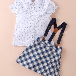 ToffyHouse 100% Woven Cotton Poplin Half Sleeves Stars Printed Frill Detailed Collared Top & Woven Cotton Yarn Dyed Checkered Skirt With Suspender - White & Blue-picture-30